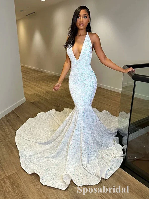 Women's Relaxed Outfit Limited - Stock Sexy Sequin V-Neck Sleeveless Lace Up Back Mermaid Long Prom Dresses,PD3714