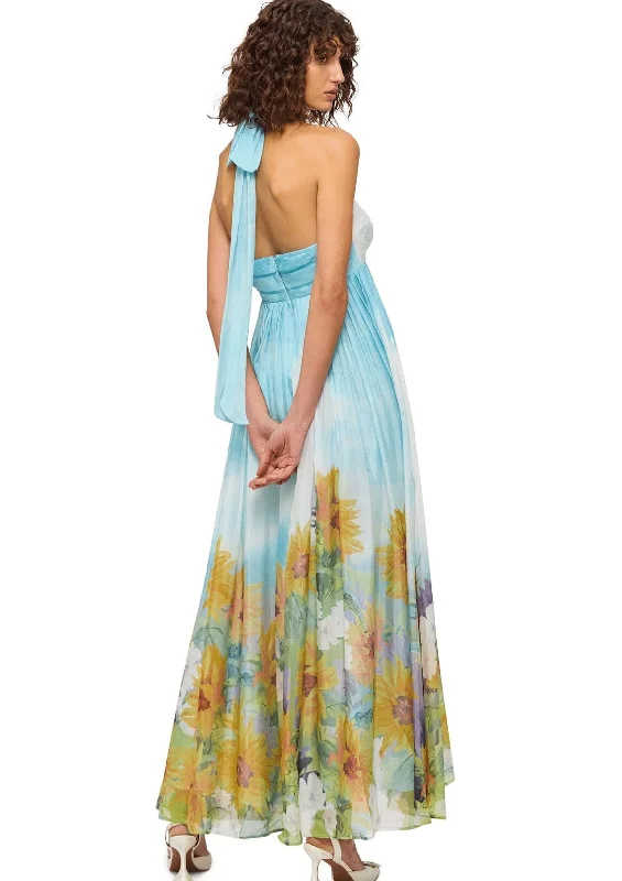 Women's Versatile Apparel Unleash Your Trendy Side Claudette Silk Halterneck Maxi Dress - Sunflower Print in Landscape