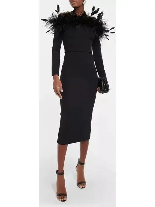 Women's Clothes And Garments Fashion Forward Feather-Trimmed Midi Dress, Black