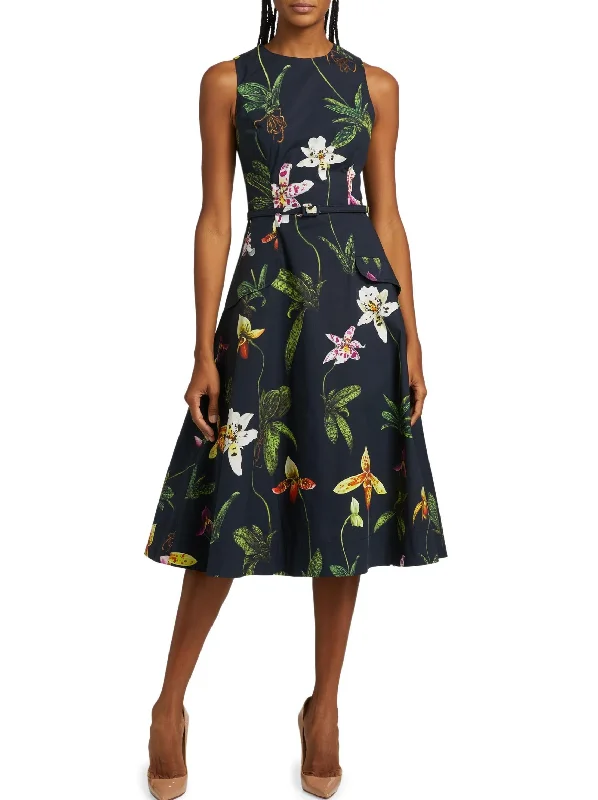 Women's Holiday Outfit Charming Silhouette Belted Orchid Print Fit & Flare Midi Dress