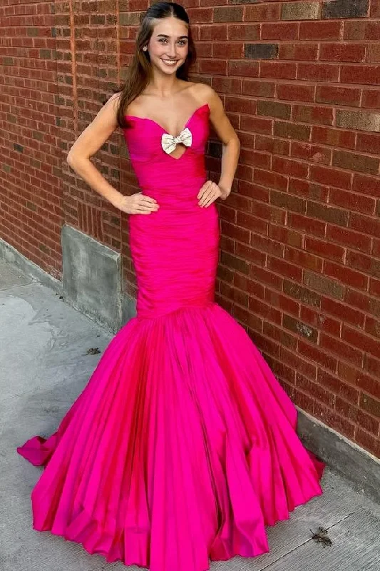 Women's Versatile Apparel Shop Our Looks Mermaid Strapless V-Neck Pleated Sleeveless Long Prom Dress with Bow