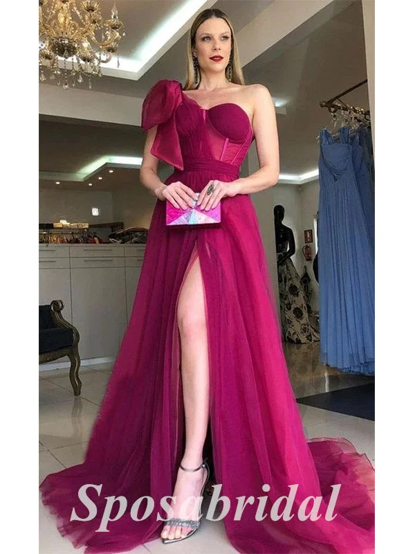 Women's Professional Attire Best-Sellers Elegant Tulle One Shoulder sleeveless Bone Side Slit A-Line Long Prom Dresses,PD3640