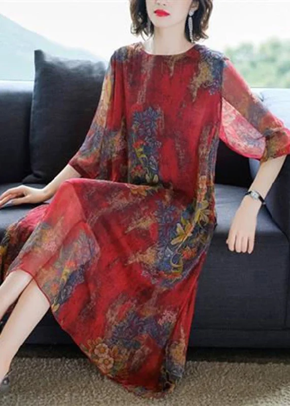 Formal Garments For Women Fashion Deal Casual Red O-Neck Print Silk Maxi Dresses Half Sleeve