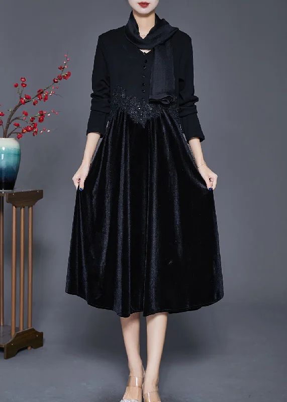 Affordable Luxury Women's Apparel Feminine Elegant Women Black V Neck Patchwork Silk Velour Maxi Dresses Fall