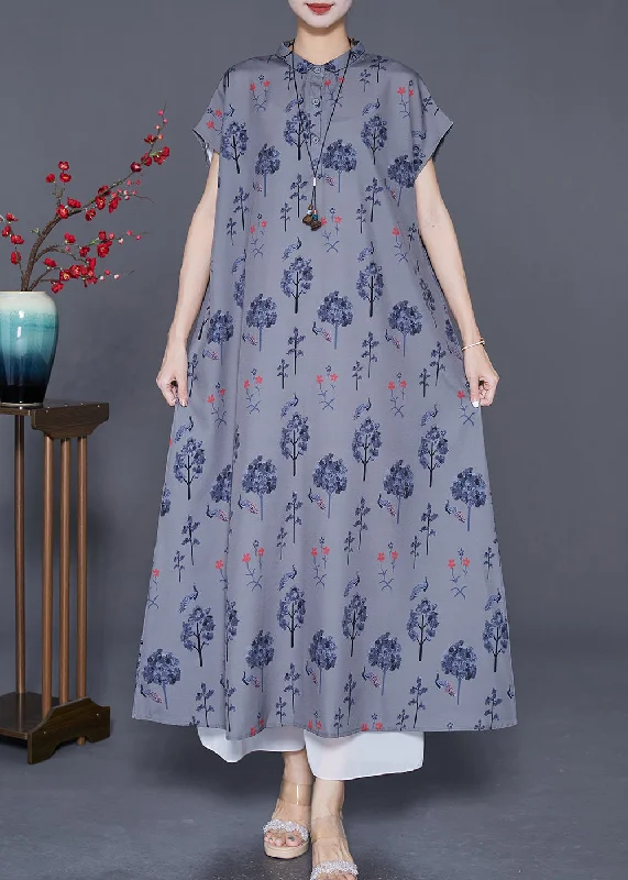 Chic Women's Attire Holiday Sale Fashion Grey Stand Collar Print Chiffon Maxi Dress Summer