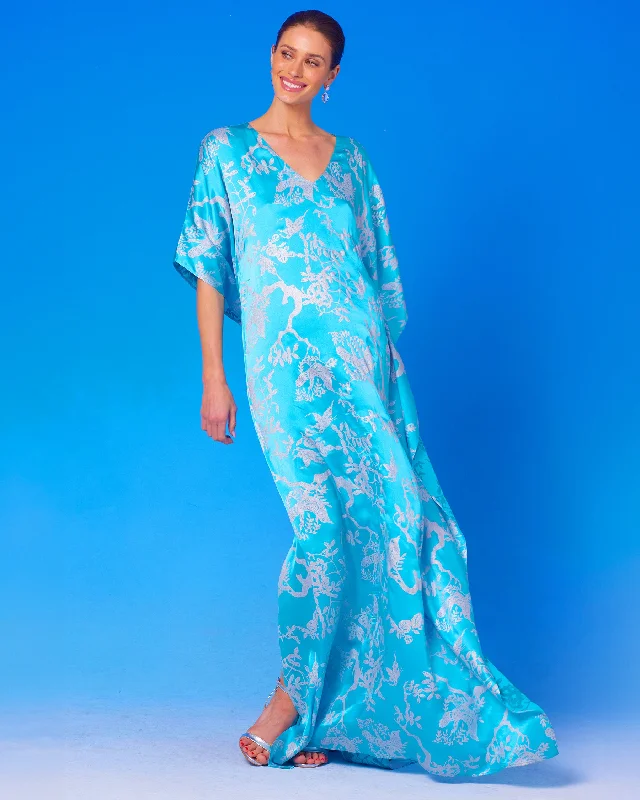 Sustainable Women's Clothing End - Of - Month Blowout Ava Silk Kaftan in Turquoise and Silver Motif