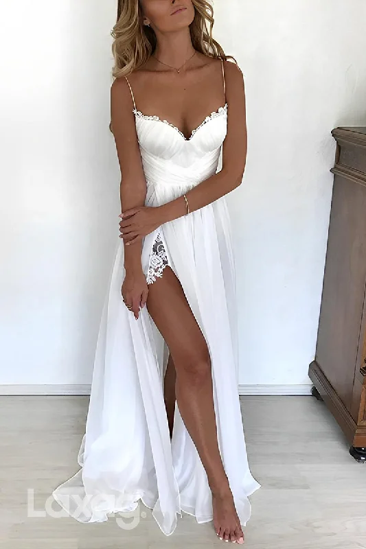 Women's Sports Apparel Elegant Clothing 22659 - Beach A-Line Spaghetti Straps Lace High Slit Elegant Wedding Dress