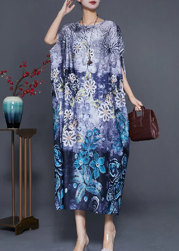 Women's Comfortable Lounge Attire Clearance Event Classy Blue Oversized Print Silk Maxi Dress Batwing Sleeve