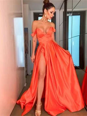 Charming Everyday Clothing For Women Women's Fashion Hotspots Off Shoulder Long A-line Satin Prom Dresses, High Slit Prom Dresses, Satin Prom Dresses, 2021 Prom Dresses