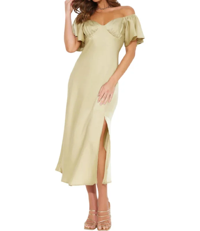 Women's Clothing With Trendy Designs Casual Yet Stylish Separates Emery Satin Midi Dress In Light Green