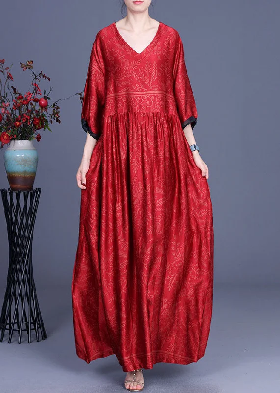 Women's Elegant Outfit Women’S Urban Fashion Red Silk Maxi Dress Cinched Half Sleeve