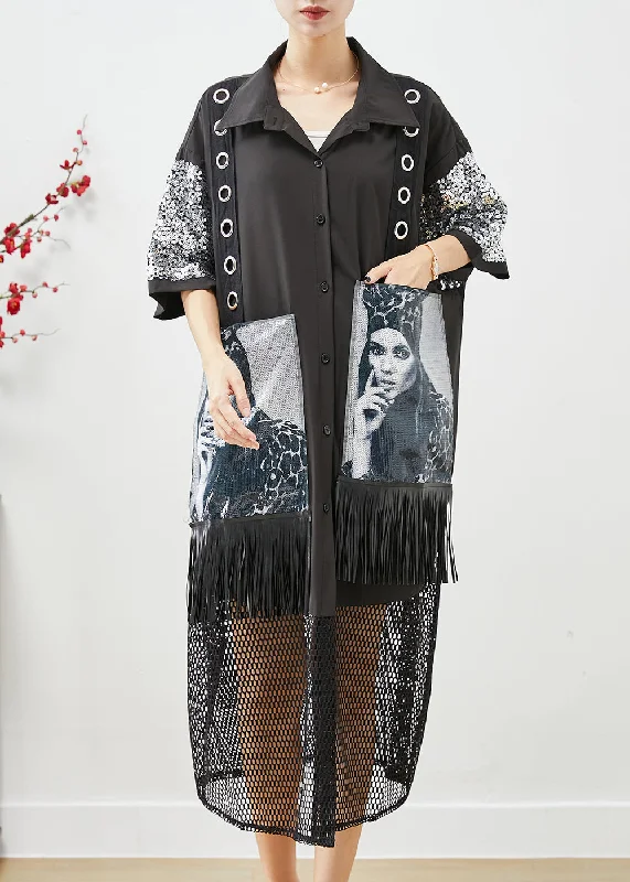 Women's Casual Apparel For Weekends Stylish Women's Apparel Boho Black Sequins Patchwork Hollow Out Tasseled Maxi Dresses Fall