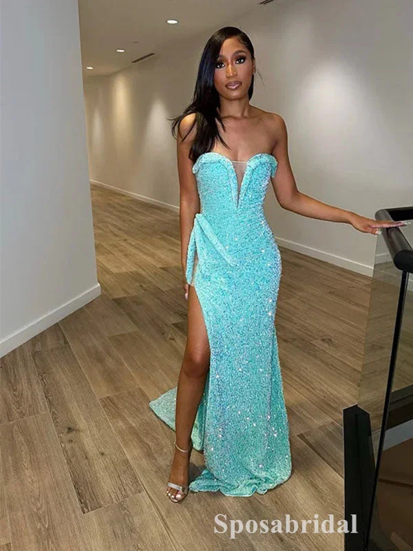 Women's Vacation Outfit Set Grab Romantic Date - Night Styles Now Sexy Sequin Sweetheart V-Neck Sleeveless Side Slit Mermaid Long Prom Dresses,PD3715