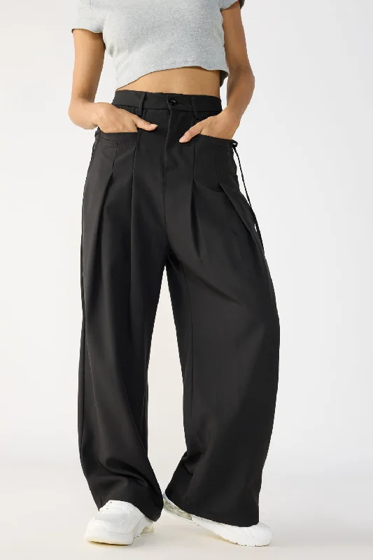 Women's Party Clothes Chic Outfits Black Wide Flat Pocket Korean Pants