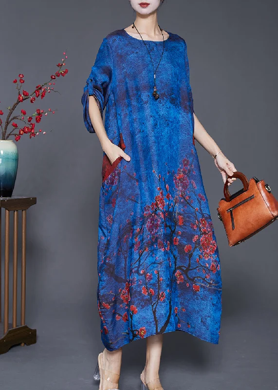 Women's Classic Attire Fashion Sale DIY Blue Oversized Tie Dye Silk Maxi Dresses Fall