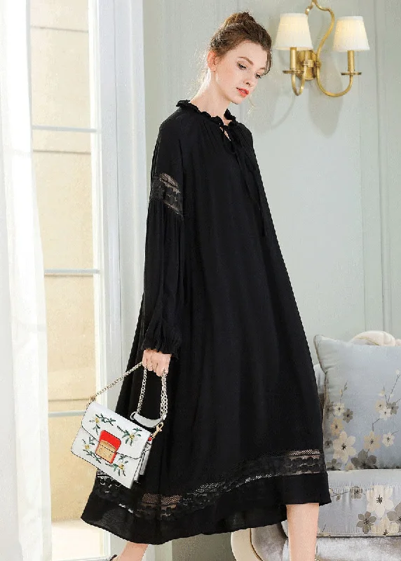 Women's Classic Outfit Trend Forward Threads For Her French Black Ruffled Lace Patchwork Cotton Maxi Dress Spring