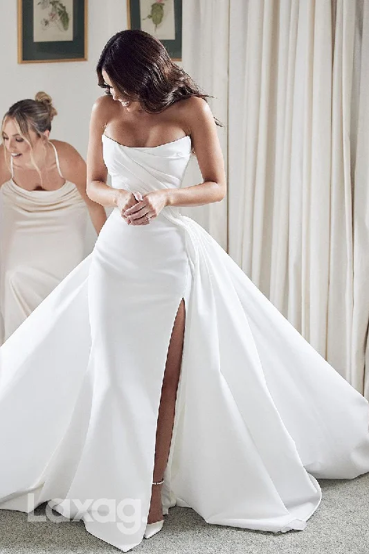 Women's Athletic Apparel Save Big 22664 - Strapless Sleek Satin High Slit Elegant Wedding Dress with Train