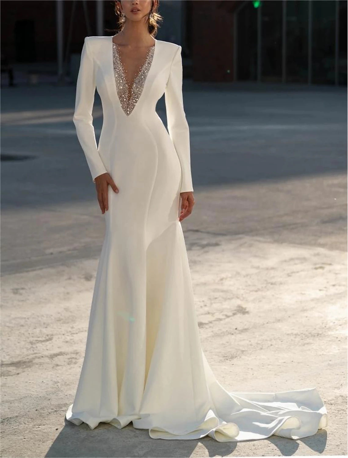 Women's Fashion Clothes Earthy Tones DingJiDress Formal Wedding Dresses Mermaid / Trumpet V Neck Long Sleeve Sweep / Brush Train Chiffon Bridal Gowns With Beading