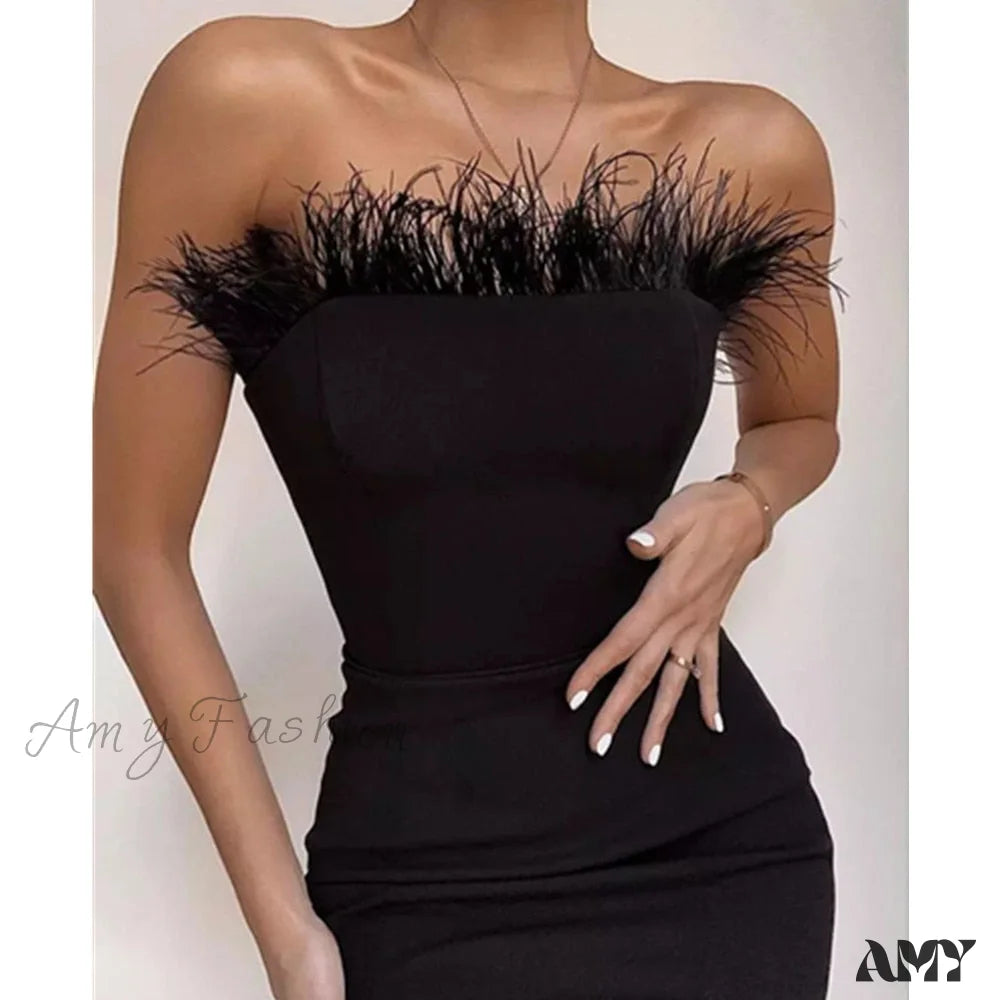 Women's Trendy Activewear Apparel Seasonal Trend Amy Fashion - Sexy Strapless Backless Feather Black Midi Dress