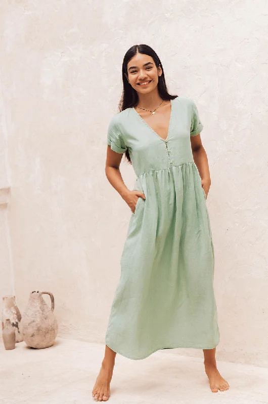 Women's Elegant Formal Outfit Trendy Fashion Sale SUNSEEKER Midi Dress - light green linen