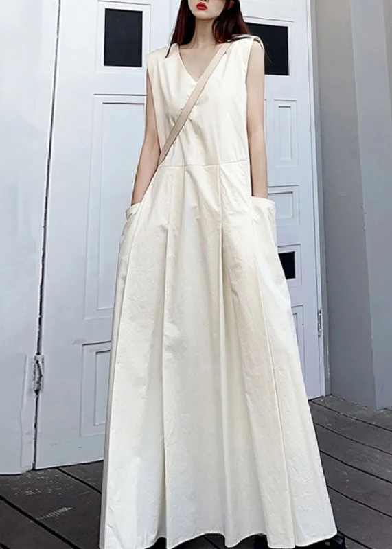 Women's Athletic Apparel Women’S Urban Fashion Elegant White V Neck Pockets Patchwork Cotton Maxi Dresses Sleeveless