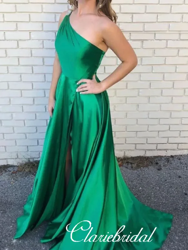 Women's Comfy Attire For Lounging Chic & Cozy Apparel One Shoulder Green Satin Prom Dresses, Beaded Lovely Prom Dresses, Prom Dresses