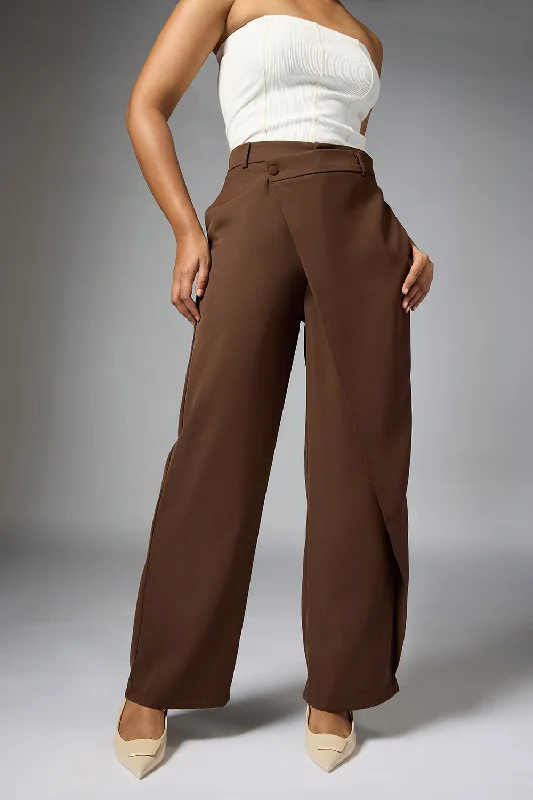 Women's Elegant Apparel Trendy Styles Cedar Brown Wrap Front Korean Pants