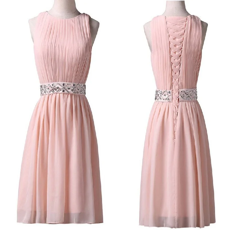 Women's Resort Attire Spring Fashion Light pink elegant Knee-Length Sleeveless chiffon with beading waist homecoming dress,BD00119