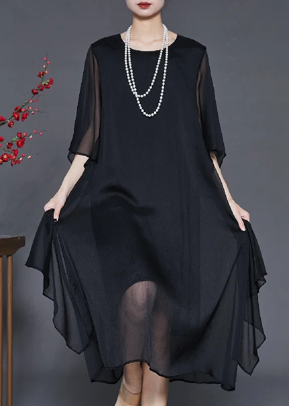 Women's Active Outfit For Fitness Flowing Silhouette Black Draping Chiffon Maxi Dresses Oversized Summer