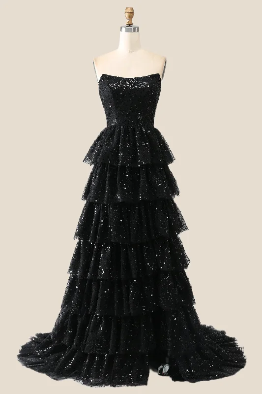 Women's Occasion Wear Apparel Designer Wear On Sale Black Sparkle Tulle Tiered Ruffles Gown