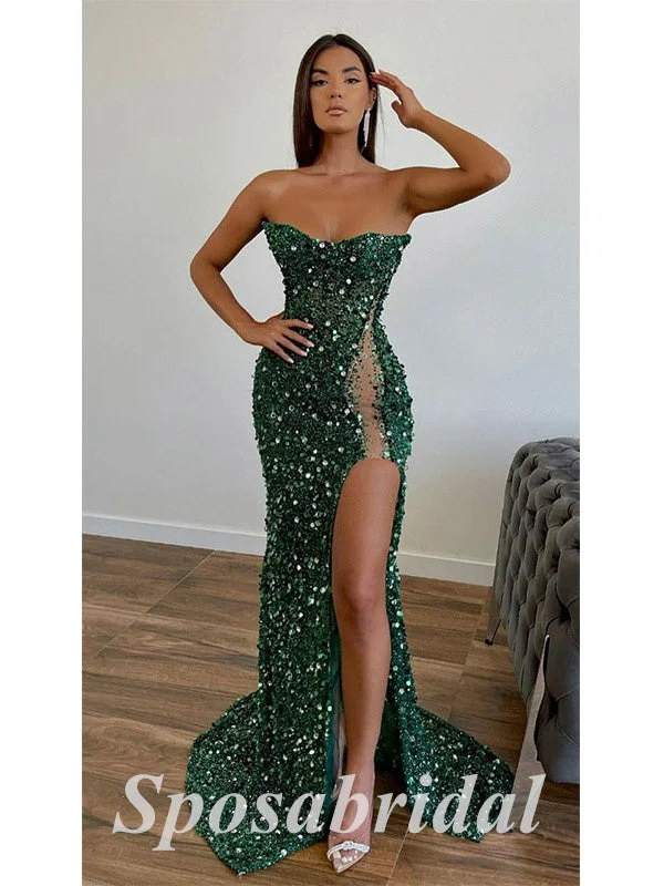 Women's Travel Attire Special Occasion Wear Sexy Sequin Sweetheart Sleeveless Side Slit Mermaid Long Prom Dresses,PD3637