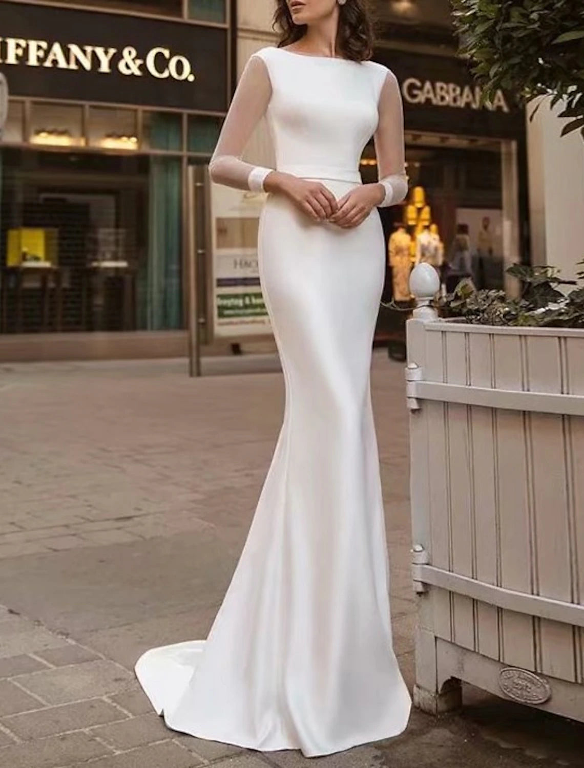 Women's Everyday Clothes Seasonal Trend DingJiDress Reception Royal Style Simple Wedding Dresses Mermaid / Trumpet Scoop Neck Long Sleeve Sweep / Brush Train Satin Bridal Gowns With Solid Color Summer Wedding Party dress to impress Fall Wedding