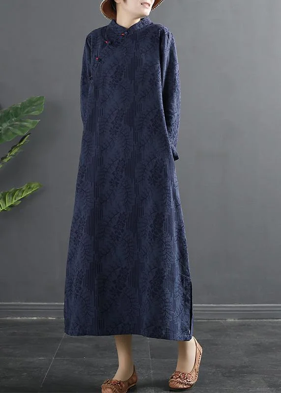 Women's Plus-Size Outfit Versatile Outfits Bohemian Stand Collar dress Blue Jacquard Maxi Dresses