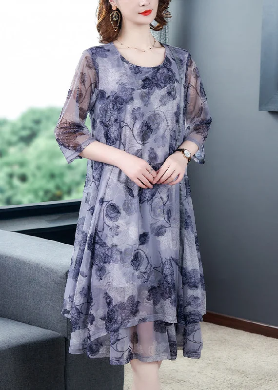 Women's Seasonal Garments Limited Styles Bohemian Print Layered Silk Maxi Dresses Bracelet Sleeve