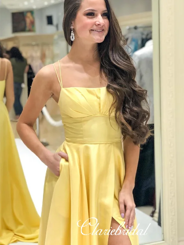 Women's Festive Attire Evening Looks Lovely Simple Yellow Elastic Satin Prom Dresses With Pockets, Long Prom Dresses, High Slit Prom Dresses