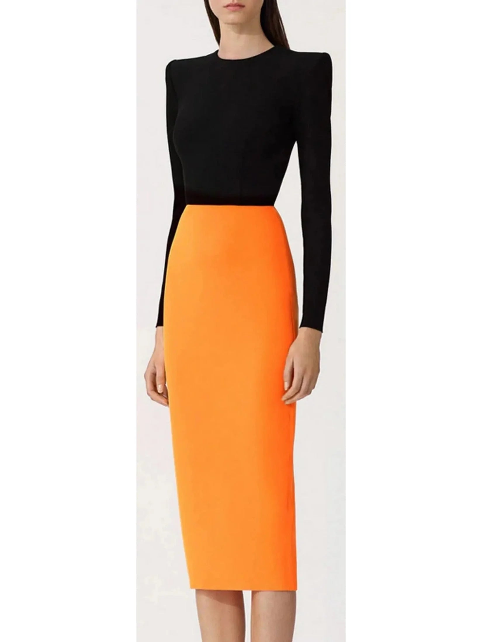 Women's Tailored Outfit Ethnic Cultural Event Wear Black and Orange Long-Sleeve Crepe Stretch Midi Dress