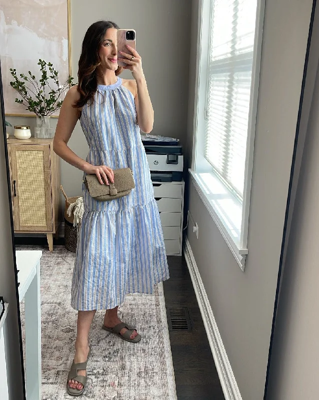 Women's Clothing Apparel Sets Trendy Street Style Attire ZESICA Halter Boho Striped Sleeveless Tiered Flowy Maxi Dress