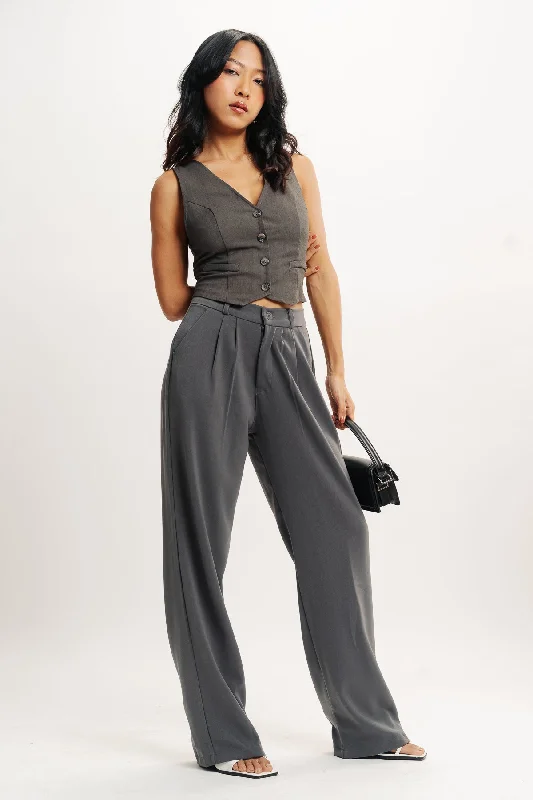 Women's Luxury Garments Gorgeous Glamour Collection Grey Pleated Straight Fit Korean Pant