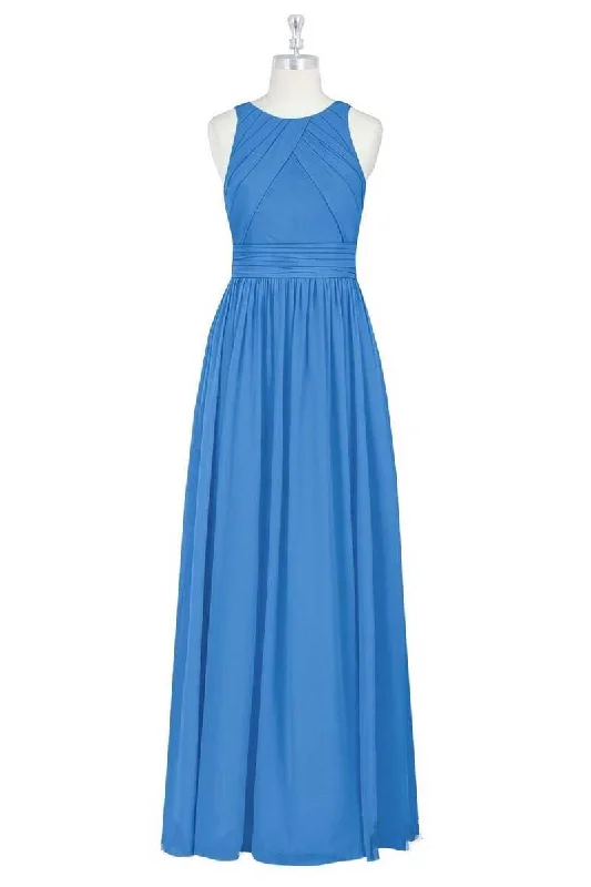 Women's Transitional Apparel New Arrivals Blue Crew Neck Sleeveless A-Line Long Maid of Honor Dress