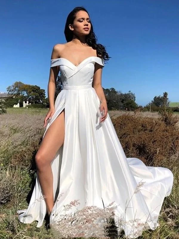 Affordable Women's Outfit Runway Inspired Wear Off Shoulder Ivory Satin Prom Dresses, Long Simple Prom Dresses, 2020 Prom Dresses