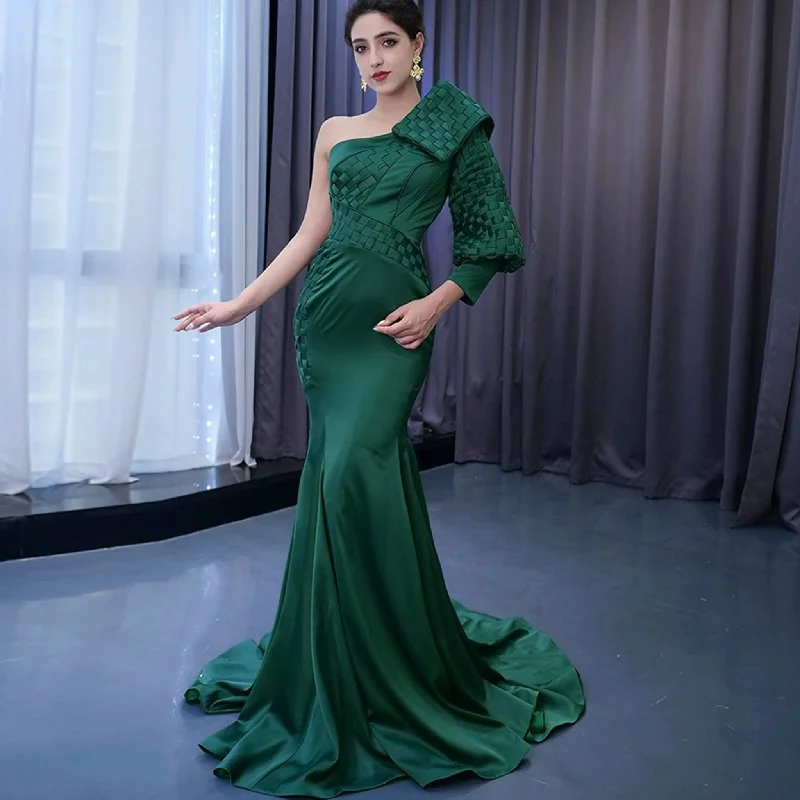 Women's Night-Out Outfit Trend Leading Collection Hunter Green Mermaid Satin Formal Dress One Shoulder Prom Party Gown