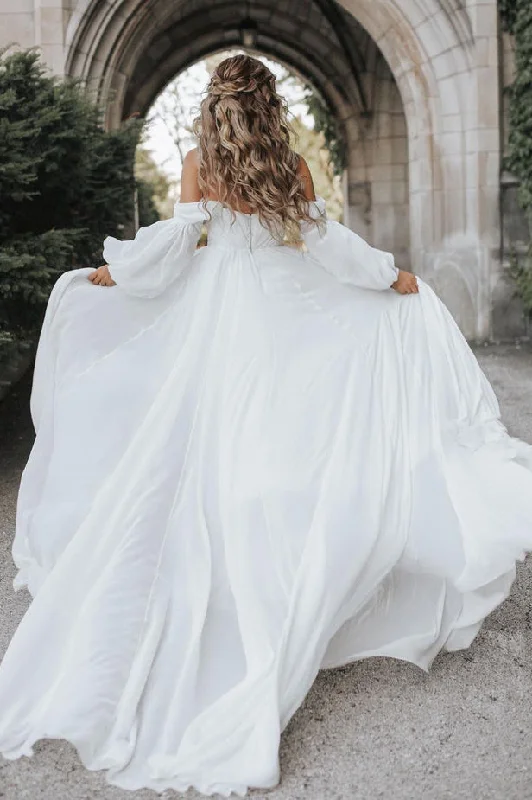 Classic Clothes For Women Flash Sale Now Flowy Off the Shoulder Chiffon Long Sleeve Boho Wedding Dresses N041