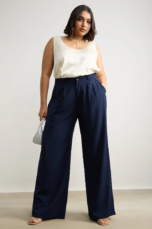 Women's Stylish Casual Garments Comfort Meets Fashion Women's Curve Pleated Navy Blue Korean Pant