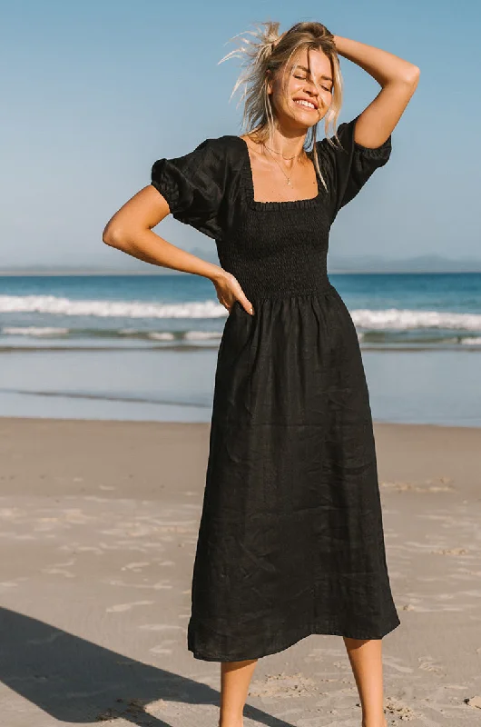 Women's Classic Outfit Budget Friendly VOYAGE Midi Dress - black linen