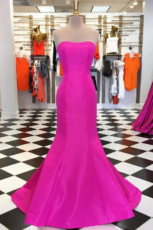 Women's Clothing For Holiday Travel Trendy Women's Collection Elegant Neon Pink Strapless Satin Trumpet Long Formal Dress