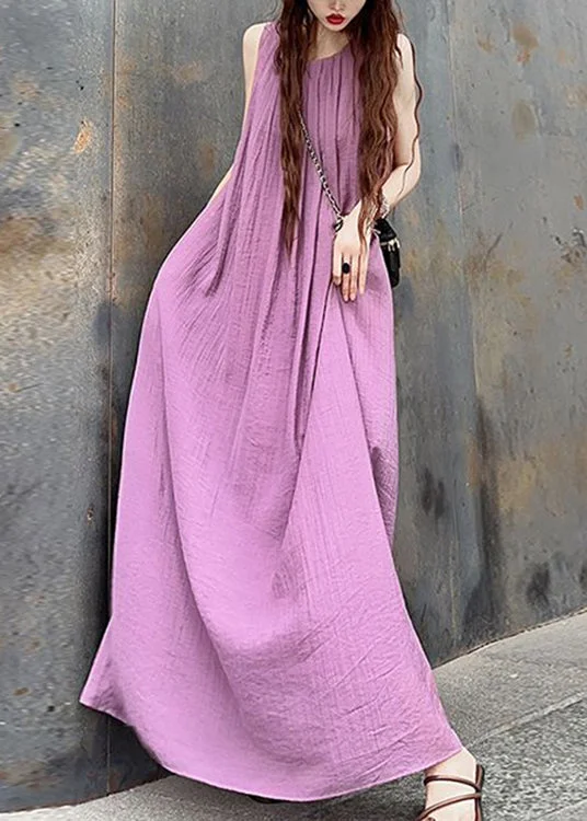 Women's Outerwear Apparel Trendy Street Style French Purple O Neck Wrinkled Patchwork Cotton Maxi Dresses Sleeveless