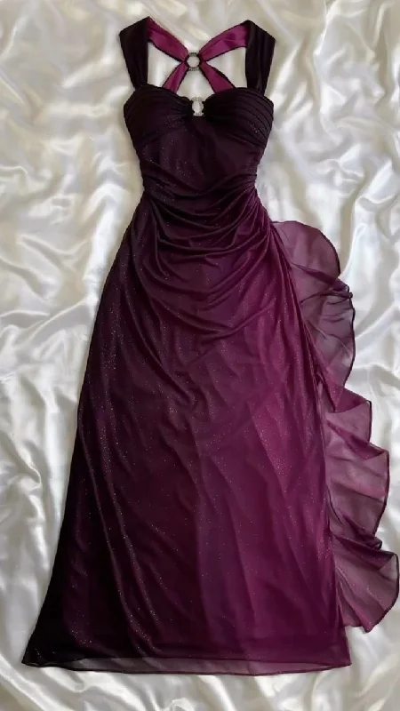 Charming Women's Holiday Apparel Massive Selection Sale Purple Straps Ombre Ruffles Chiffon Long Party Dress Vintage Evening Gown, D380