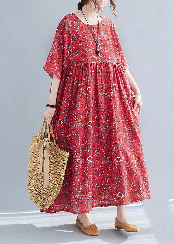 Women's Clothing For Outdoor Events Hot Trends Diy Red Pockets Print Cotton Maxi Dresses Cinched