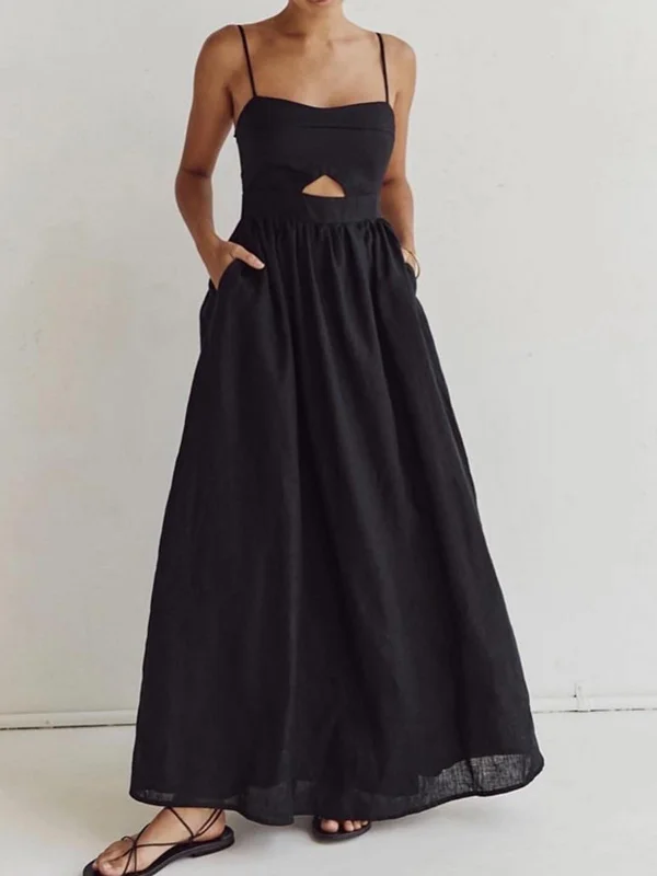 Women's Vacation Attire Seasonal Sale Cotton Sleeveless Pockets Cutout Long Dress