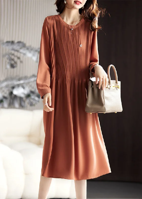 Women's Evening Apparel Premium Style Simple Caramel O-Neck Wrinkled Maxi Dresses Long Sleeve